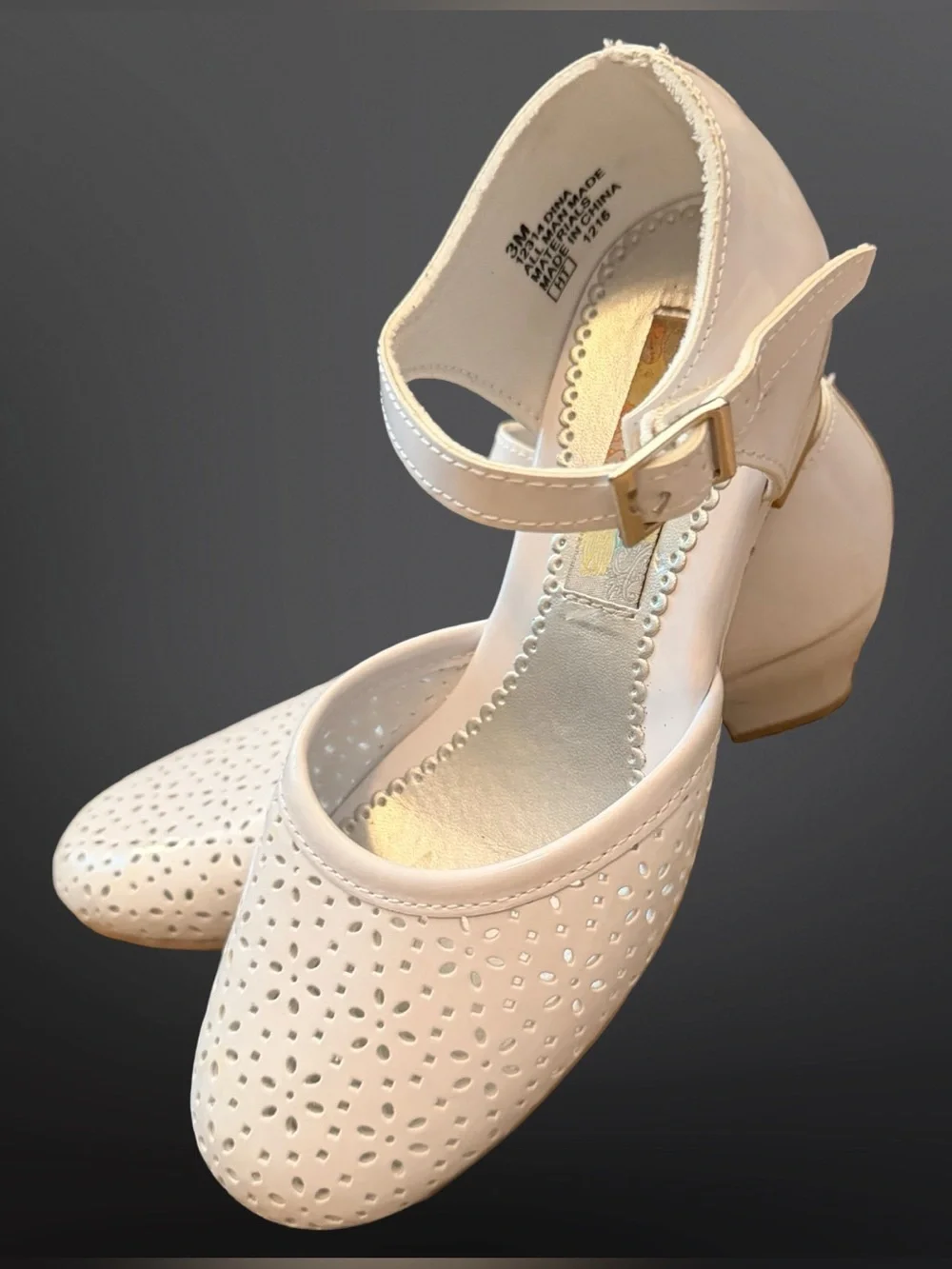 Rachel Girls White Perforated Floral Heels | Size 3